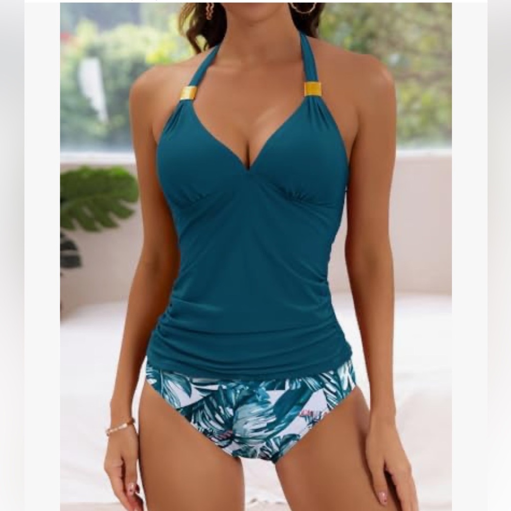 Women's Two Piece Halter Tankini Navy‎ Blue Floral Swimsuit NWT Size XL